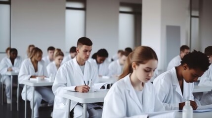 Fototapeta premium Students in white coats taking an exam in a bright classroom.