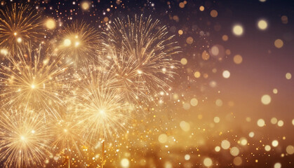 Fototapeta premium New year celebration with golden fireworks and bokeh lights blurred background. Generative AI