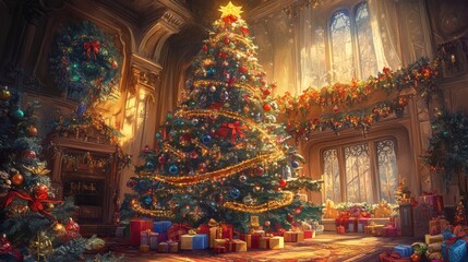 Fototapeta premium A beautiful Christmas tree decorated with glass balls and garlands. Illustration for a postcard,