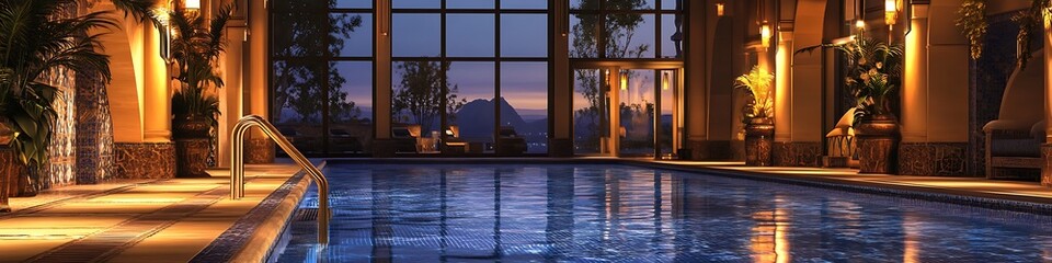 Fototapeta premium Luxe indoor pool with intricate tile designs, dramatic lighting, and large windows ,