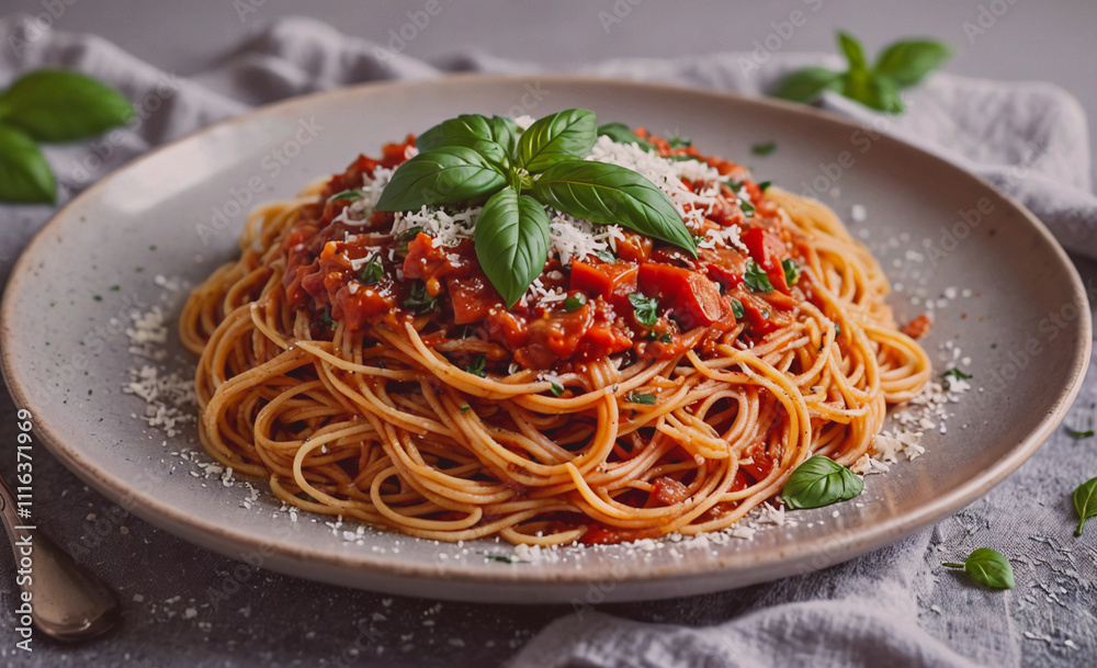 Poster plate of spaghetti with cheese and basil on top. a spoon is on the right side of the plate