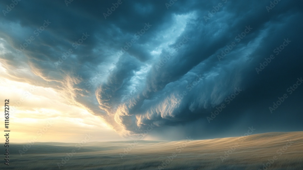 Poster majestic clouds swirl in a dance of light and shadow, casting an ethereal glow over the expansive la