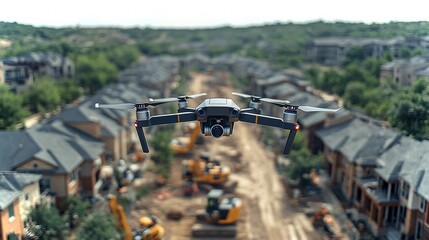 Drone monitors large-scale residential development over construction site with machinery