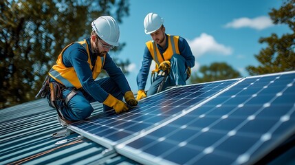 Workers Installing the Eco- Friendly Solar Pannel on the Roof-Top