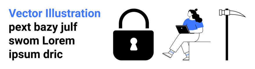 Woman with laptop, lock symbol in center, and pickaxe symbol. Ideal for online security, data protection, cybersecurity, remote work, digital safety, IT security, and technology. Landing page