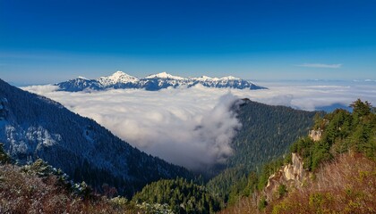 산꼭대기 풍경 눈으로 덮인 산봉우리와 그 아래로 펼쳐진 운해