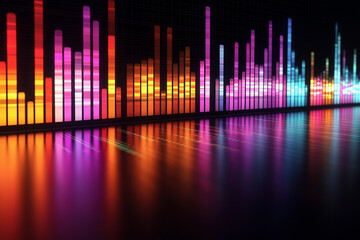 Vibrant sound waves displayed in colorful bars reflecting on a dark surface