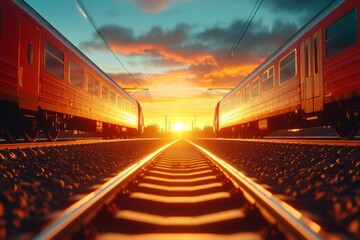 Naklejka premium Two modern passenger trains moving on railway at sunset
