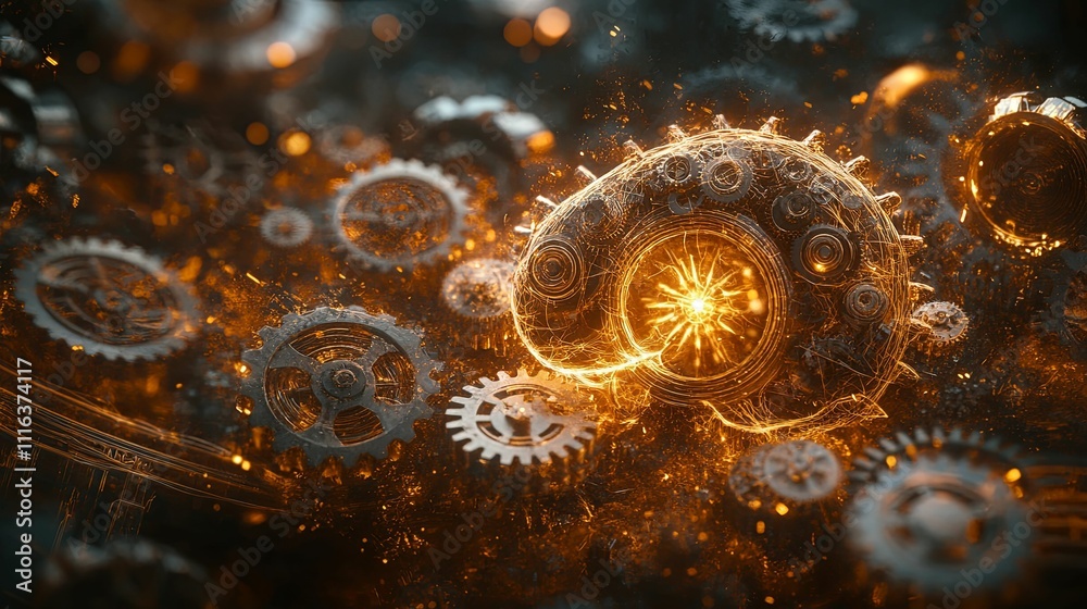 Wall mural glowing cogs form a brain like structure