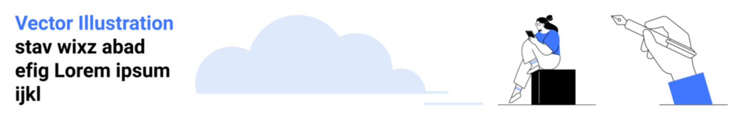 Person sitting on a box using a laptop, large cloud in the background, and a hand holding a pen. Ideal for educational tools, digital notes, creative thinking, productivity, remote work, technology