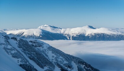 산꼭대기 풍경 눈으로 덮인 산봉우리와 그 아래로 펼쳐진 운해