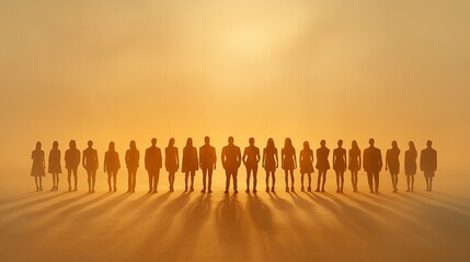 Naklejka premium Diverse Group of Silhouetted People Standing Together Against a Golden Sunrise Background in an Outdoor Setting