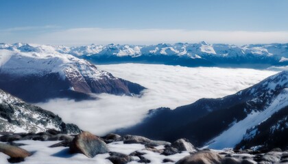 산꼭대기 풍경 눈으로 덮인 산봉우리와 그 아래로 펼쳐진 운해