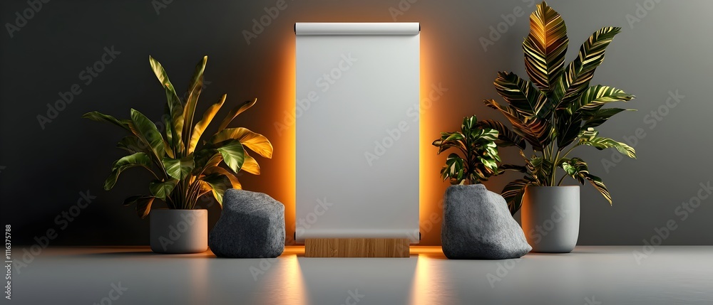 Poster blank white roll up display in a minimalist studio space with clean lines simple geometric forms and