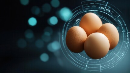Egg farm concept. A digital visualization of a smart egg farm app interface, showing real-time data on feed consumption, egg production, and hen health