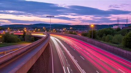 Twilight highway traffic streaks, urban landscape.