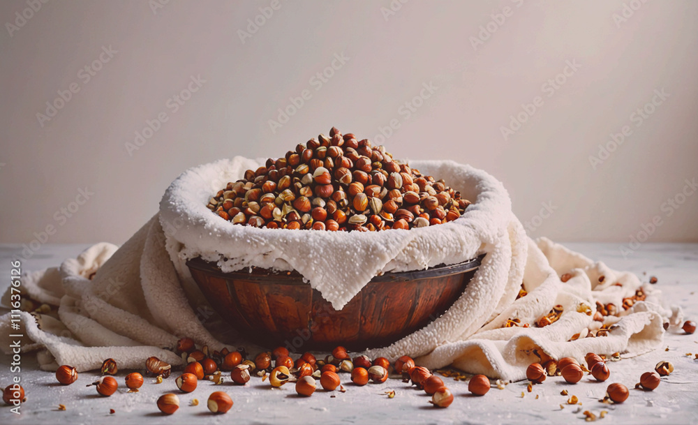 Poster bowl of nuts is on a table. the nuts are scattered all over the table. the bowl is on top of a white
