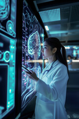 Naklejka premium Scientist using tablet in futuristic medical lab with holographic anatomy display
