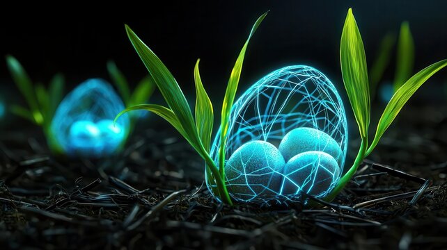 Egg farm concept. Abstract visualization of the incubation process using glowing eggs and futuristic designs, conceptual farming