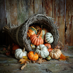 A rustic cornucopia overflowing with pumpkins and gourds, set against a weathered wooden backdrop with autumn leaves. Perfect for seasonal or harvest-themed designs.
