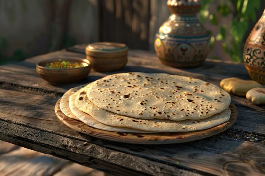 Fresh Chapati  Bread  Roti  wooden table