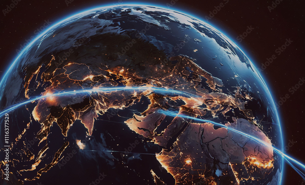 Poster Large, illuminated globe with a blue and black color scheme. The globe is lit up with a blue and black color scheme, giving it a futuristic and otherworldly appearance