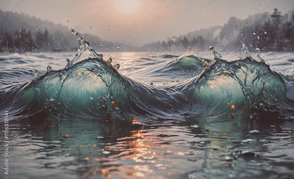 Poster the water is blue and has waves. the waves are crashing into each other. the water is calm