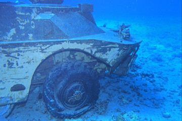 Old combat vehicle underwater in the Red Sea near Hurghada in Egypt