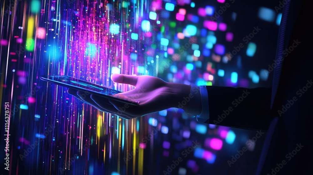 Poster digital data analysis hand holding tablet with colorful data streams illustrating social media and c