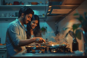 Indian couple enjoys cooking together  creating delicious meals for loved ones.