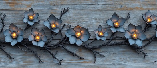 Obraz premium Decorative glow garland with floral lamps on rustic wooden surface enhancing a cozy atmosphere and adding charm to interior design