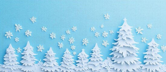 Winter themed greeting card design with white paper trees and snowflakes on a blue pastel background for seasonal celebrations