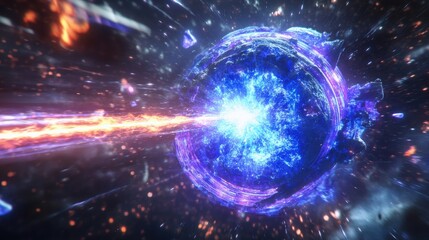 Obraz premium Vibrant cosmic explosion with energy beams illuminating a starry night sky depicting the beauty of celestial phenomena and meteoric displays