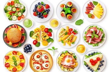 set of various plates of food isolated on a white background  top view