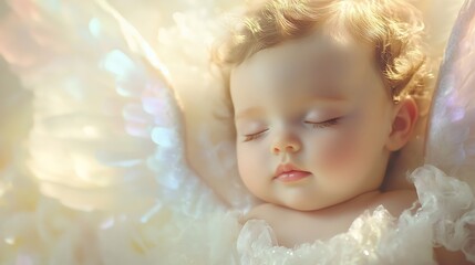 Fototapeta premium A Baby Girl Sleeping Serenely, Wrapped in White Fabric, With Softly Focused Light