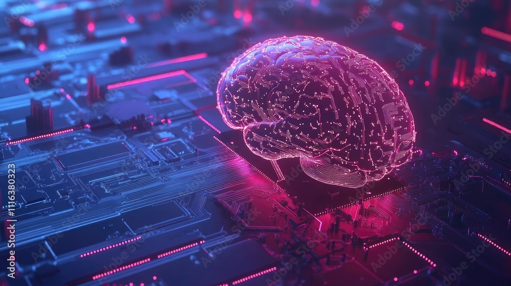 Poster human and robot hands connecting over a virtual brain network with digital circuits representing ai 