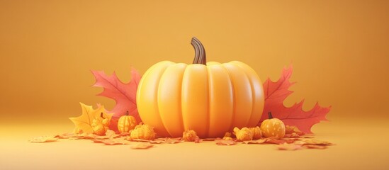 Thanksgiving themed design with pumpkins and autumn leaves on a vibrant orange background for seasonal celebrations and decorations.