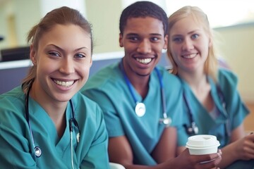 Fototapeta premium Joyful team of male and female doctors sharing laughter during a coffee break at the hospital