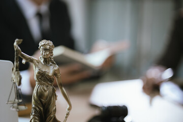 Lawyers and staff with hammers and scales are nearby to provide expert legal advice to ensure...