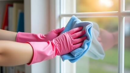Close-up of a cleaning woman wearing pink gloves and holding a rag.