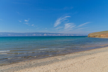 Beautiful view from the shore of Lake Baikal near Kharantsy village. Baikal lake, Olkhon island, Kharantsy village, Irkutsk region, Russia.