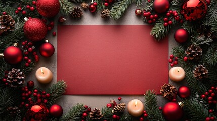 "Christmas background with top view of red empty paper sheets and Christmas red decorations, including balls, candles, gifts, and confetti on a white table background, perfect for creating flat lay Ch