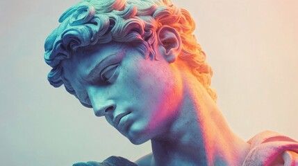 Classical marble sculpture illuminated in vibrant gradient colors. Ancient Greek statue head with dramatic neon lighting creating surreal artistic interpretation