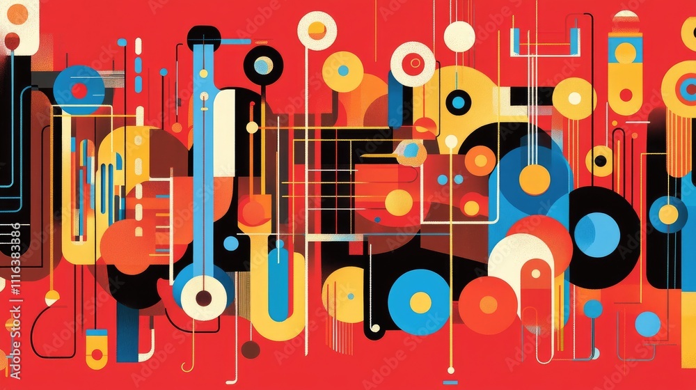 Poster abstract geometric design featuring colorful patterns and shapes representing innovation and technol
