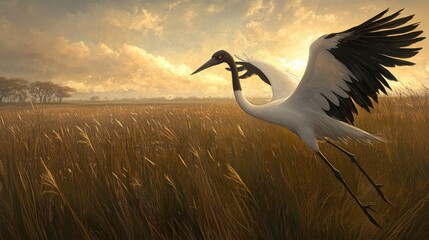 Obraz premium Majestic crane soaring over golden grasslands at sunset with dramatic clouds illuminating the sky in a tranquil nature scene.