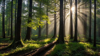 Obraz premium Panorama of green forest with sunbeams through foliage. Serenity landscape