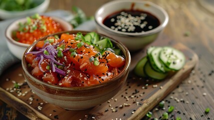Fast food poke bowls served with a side of soy sauce