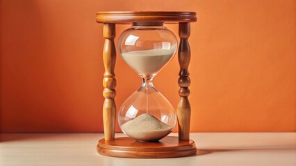 Hourglass with golden sand on a smooth table against a warm orange background, symbolizing the passage and measurement of time in a cozy setting.