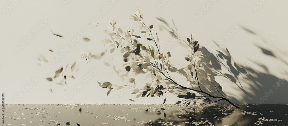 Poster minimalist backdrop with eucalypt branch casting shadows on a surface adorned with confetti creating