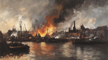 Naklejka premium Industrial Revolution Landscape Depicting Pollution and Fire with Smoke Over Water Reflections Capturing Historical Environmental Impact